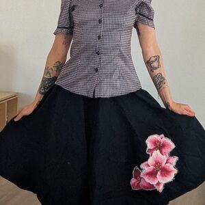 Zachary's Smile Black Circle Skirt with Pink Floral Appliqué